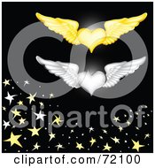 Poster, Art Print Of Gold And Silver Winged Hearts Over Black With Stars