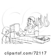Royalty Free RF Clipart Illustration Of A Black And White Sketch Of A Butcher Assisting A Woman In His Shop