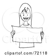Royalty Free RF Clipart Illustration Of A Black And White Outline Of A Little Girl Holding A Blank Sign In Front Of Her Chest