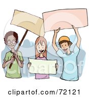 Poster, Art Print Of Diverse And Happy Group Of Boys And A Girl Holding Blank Signs