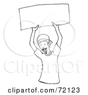 Poster, Art Print Of Black And White Outline Of A Happy Boy Holding Up A Blank Sign