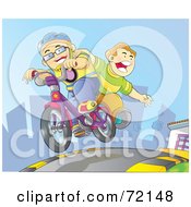 Royalty Free RF Clipart Illustration Of Two Boys Riding On A Bicycle Down A City Street by YUHAIZAN YUNUS