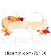 Royalty Free RF Clipart Illustration Of A Scrolled Blank Banner With A Pumpkin And Fall Leaves by Maria Bell