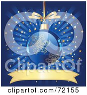 Poster, Art Print Of Blue And Gold Snowflake Christmas Ornament Over A Bursting Starry Background With A Blank Banner