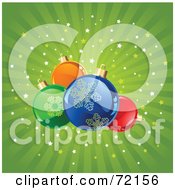 Royalty Free RF Clipart Illustration Of A Green Bursting Background With Colorful Shiny Christmas Bulbs