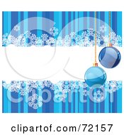 Poster, Art Print Of Blue Striped Background With Snowflakes And Baubles Around A Text Box