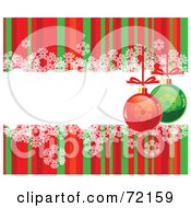 Poster, Art Print Of Red And Green Striped Background With Snowflakes And Baubles Around A Text Box