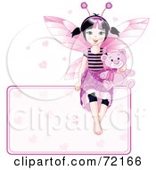 Poster, Art Print Of Black Haired Fairy Girl With A Teddy Bear Sitting On Top Of A Heart Sign