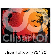 Poster, Art Print Of Orange Halloween Background With Grunge Webs Tombstones And Bats
