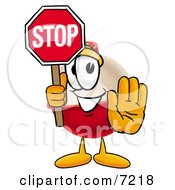 Fishing Bobber Mascot Cartoon Character Holding A Stop Sign