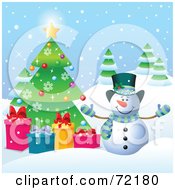 Poster, Art Print Of Festive Snowman With Presents By A Christmas Tree Outside