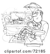 Royalty Free RF Clipart Illustration Of A Black And White Sketched Man Relaxing And Listening To Records At Home by Alex Bannykh