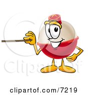 Clipart Picture Of A Fishing Bobber Mascot Cartoon Character Holding A Pointer Stick