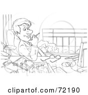 Royalty Free RF Clipart Illustration Of A Black And White Sketched Businessman Relaxing At His Desk