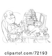 Royalty Free RF Clipart Illustration Of A Black And White Sketched Businessman Receiving Books From A Computer