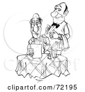 Poster, Art Print Of Black And White Sketched Waiter Standing Behind A Food Critic As He Reads The Menu