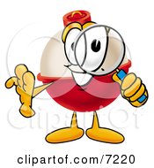Clipart Picture Of A Fishing Bobber Mascot Cartoon Character Looking Through A Magnifying Glass
