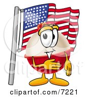 Fishing Bobber Mascot Cartoon Character Pledging Allegiance To An American Flag