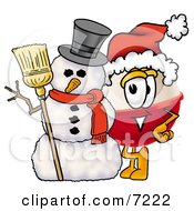 Poster, Art Print Of Fishing Bobber Mascot Cartoon Character With A Snowman On Christmas