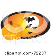 Poster, Art Print Of Halloween Pumpkin By An Orange Oval With Vampire Bats And A Full Moon