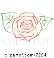 Poster, Art Print Of Red Rose In Full Bloom And Two Green Leaves