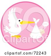 Poster, Art Print Of Pink Circle With A Stork And A Sleeping Baby Girl