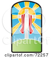 Poster, Art Print Of Red Cloth Draped Around A Cross In Front Of The Sun On A Stained Glass Window