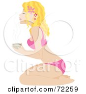 Poster, Art Print Of Relaxed Kneeling Blond Caucasian Woman Holding A Cup Of Tea