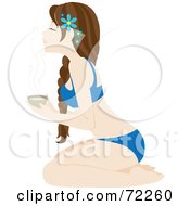 Poster, Art Print Of Relaxed Kneeling Brunette Caucasian Woman Holding A Cup Of Tea