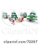Poster, Art Print Of 3d Santa Carrying A Stack Of Leaning Presents Through The Woods By His Sleigh