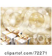 Poster, Art Print Of Sparkly Gold Christmas Background With White Gift Boxes And Gold Ribbons And Bows