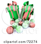 Royalty Free RF Clipart Illustration Of A 3d Still Life Of Pink And Green Christmas Presents And Oranments
