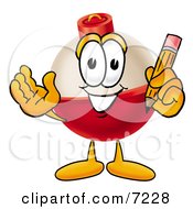 Clipart Picture Of A Fishing Bobber Mascot Cartoon Character Holding A Pencil