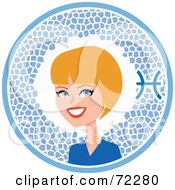 Royalty Free RF Clipart Illustration Of A Pretty Pisces Woman In A Blue Circle With The Zodiac Symbol by Monica