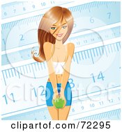 Royalty Free RF Clipart Illustration Of A Beautiful Young And Healthy Woman Holding An Apple Against A Blue Ruler Background by cidepix #COLLC72295-0145