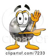 Bowling Ball Mascot Cartoon Character Waving And Pointing