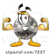 Bowling Ball Mascot Cartoon Character Flexing His Arm Muscles