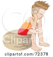 Poster, Art Print Of Lonely Little Boy Sitting On A Rock And Thinking