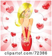 Royalty Free RF Clipart Illustration Of A Stunning Blond Woman In A Red Dress Holding A Heart Over A Bursting Heart Background