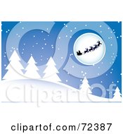 Poster, Art Print Of Santa And His Reindeer Silhouetted In Front Of A Moon Over A Snow Covered Forest