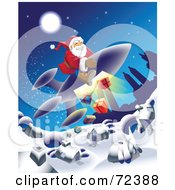 Poster, Art Print Of Santa Dropping Presents From A Rocket Down To A Village