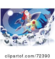 Royalty Free RF Clipart Illustration Of Santa Flying On A Rocket And Dropping Gifts Down Over A Village