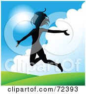Royalty Free RF Clipart Illustration Of A Silhouetted Woman Leaping Over Hills Under A Blue Sky