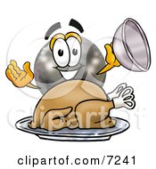 Poster, Art Print Of Bowling Ball Mascot Cartoon Character Serving A Thanksgiving Turkey On A Platter