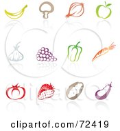 Royalty Free RF Clipart Illustration Of A Digital Collage Of Colorful Fruit And Veggie Icons With Reflections by cidepix