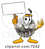 Bowling Ball Mascot Cartoon Character Holding A Blank Sign