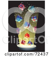 Poster, Art Print Of Explosion Of Bright Light And Colorful Gift Boxes On Black