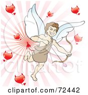 Royalty Free RF Clipart Illustration Of A Happy Cupid With Devil Hearts Shooting Arrows Over A Pink Burst by cidepix