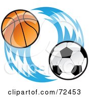 Royalty Free RF Clipart Illustration Of A Basketball And Soccer Ball With Blue Flames