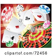 Royalty Free RF Clipart Illustration Of Dice Poker Chips And A Roulette Wheel Over A Red Burst by cidepix #COLLC72456-0145
